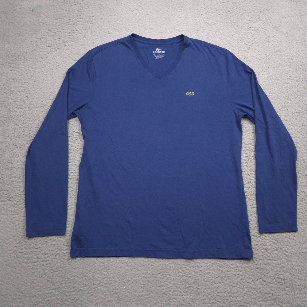 Lacoste Men XL Size 6 Pima Cotton Long Sleeve V-Neck T-Shirt Blue Crocodile Logo